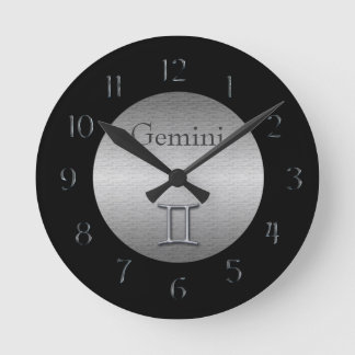 Reloj Redondo Mediano Gemini Zodiac-Faux Cepillado Plata/Negro