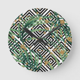 Reloj Redondo Mediano Geometría negra y blanca tropical con brillo dorad