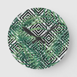 Reloj Redondo Mediano Geometría tropical en blanco y negro