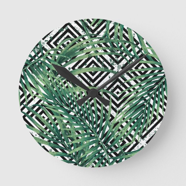 Reloj Redondo Mediano Geometría tropical en blanco y negro (Anverso)