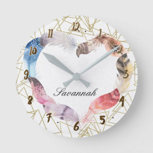 Reloj Redondo Mediano Geometric Gold Shape & Boho Feather Heart Custom