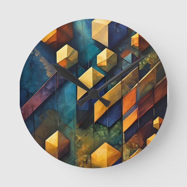 Reloj Redondo Mediano Geometric Harmony: Abstract Cubes in Gold and Teal (Anverso)