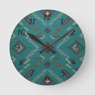 Reloj Redondo Mediano Geométrico Navajo del Suroeste Verde Azul