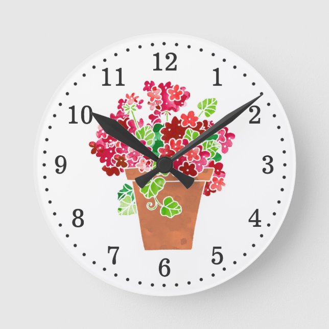 Reloj Redondo Mediano Geranios rojos y rosados en Pot Floral (Anverso)