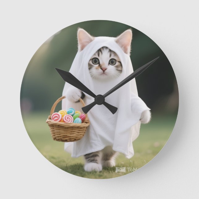 Reloj Redondo Mediano Ghost Cat Flag - Halloween party  (Anverso)