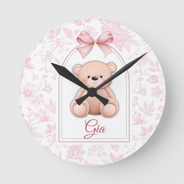 Reloj Redondo Mediano Gia | Diseño de guardería de oso de peluche rosa p (Anverso)