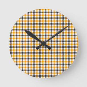 Reloj Redondo Mediano Gingham de cuadros amarillos, negros y blancos