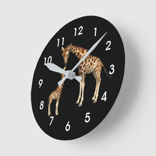 Reloj Redondo Mediano Giraffe Love: Madre y bebé negro (Ángulo)
