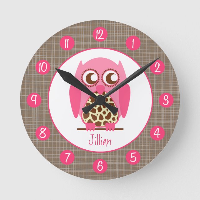 Reloj Redondo Mediano Giraffe & Pink Owl Personalized Clock (Anverso)