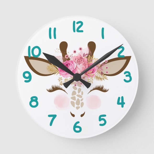 Reloj Redondo Mediano Giraffe rosa número de niños (Anverso)