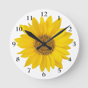Reloj Redondo Mediano Girasol amarillo brillante en flor blanca