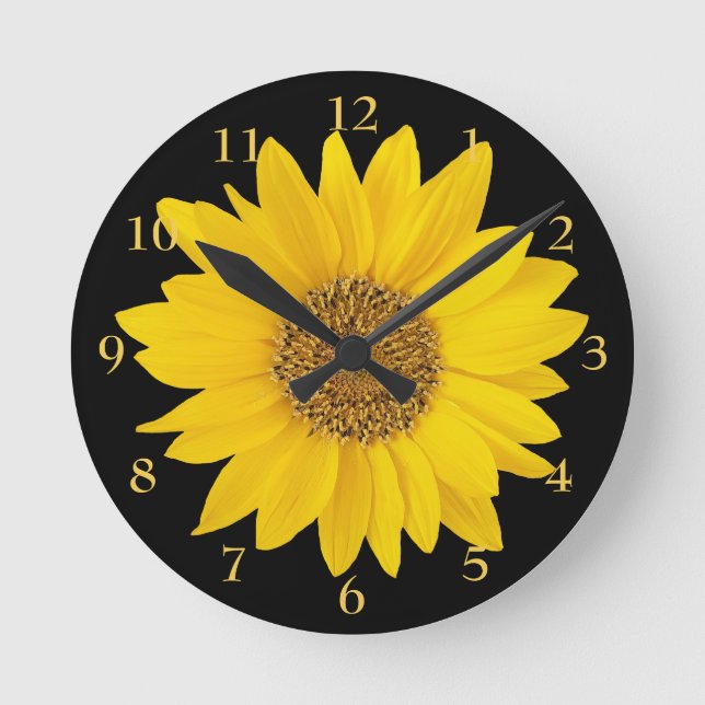 Reloj Redondo Mediano Girasol amarillo brillante sobre flor negra (Anverso)
