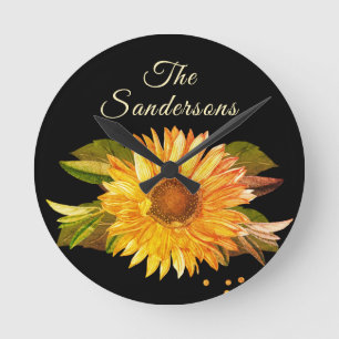 Reloj Redondo Mediano Girasol Amarillo Dorado Chic Rústico