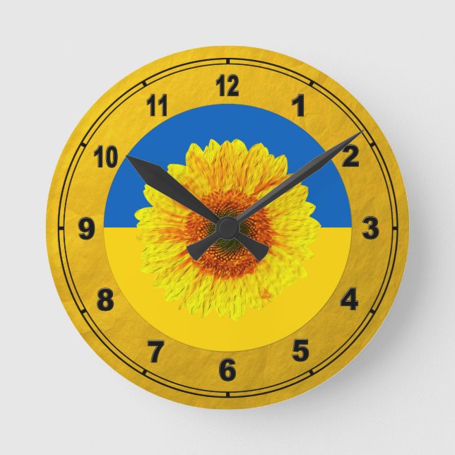 Reloj Redondo Mediano Girasol de Ucrania y bandera ucraniana / flor (Anverso)