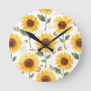 Reloj Redondo Mediano Girasoles Amarillos Acuarela Floral Caprichoso