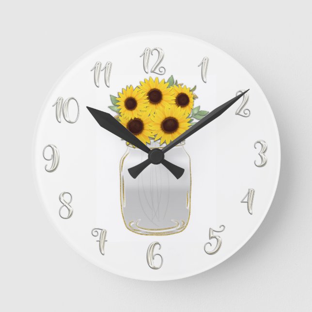 Reloj Redondo Mediano Girasoles en el encanto rústico del tarro de (Anverso)