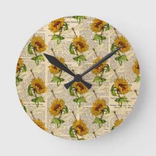 Reloj Redondo Mediano Girasoles Libélulas Antiguo Periódico Estilo Campe
