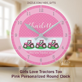 Reloj Redondo Mediano Girls Love Tractors Pink Personalized Farm Design