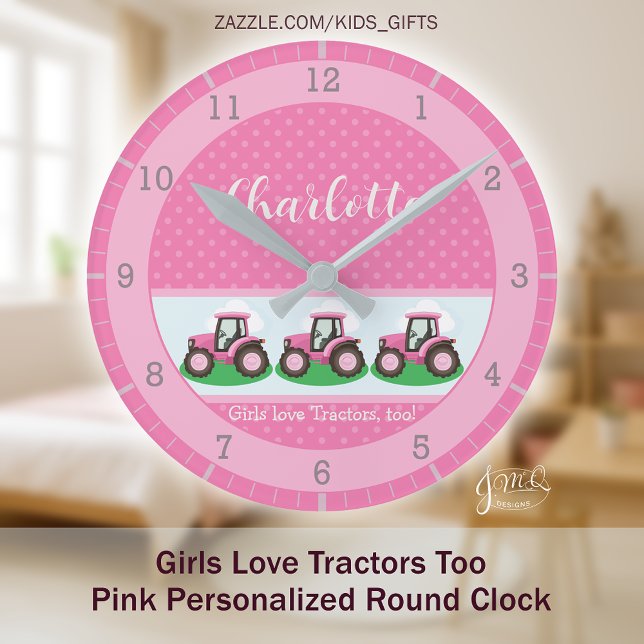 Reloj Redondo Mediano Girls Love Tractors Pink Personalized Farm Design (Girls love tractors too with this cute pink farm design and personalized name detail)