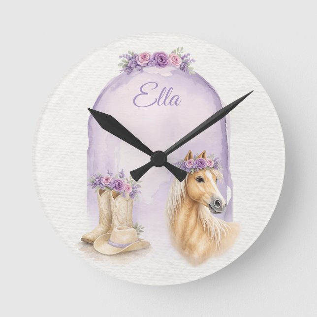 Reloj Redondo Mediano Girls Purple Floral Horse (Anverso)