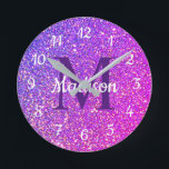 Reloj Redondo Mediano Girly Glam Purple Glitter Monogram Personalized<br><div class="desc">Show off your glamour bedroom decor with this Girly Glam Purple Glitter Monogram Personalized Round Clock. It is designed with purple faux glitter background and dark purple monogram initial on the center. Personalized with name in white calligraphy script lettering. Makes a great gift idea for a girl who loves pink...</div>