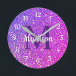 Reloj Redondo Mediano Girly Glam Purple Glitter Monogram Personalized<br><div class="desc">Show off your glamour bedroom decor with this Girly Glam Purple Glitter Monogram Personalized Round Clock. It is designed with purple faux glitter background and dark purple monogram initial on the center. Personalized with name in white calligraphy script lettering. Makes a great gift idea for a girl who loves pink...</div>