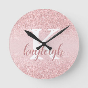 Reloj Redondo Mediano Girly Glam Rose Gold Glitter Monogram Sparkle Name