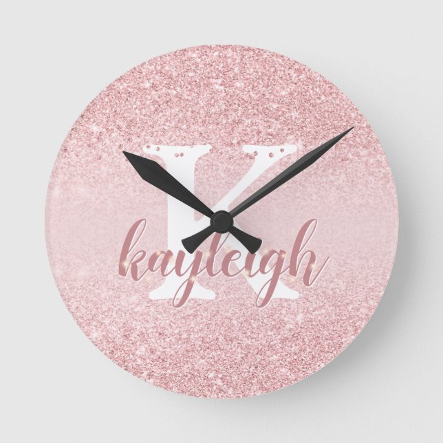 Reloj Redondo Mediano Girly Glam Rose Gold Glitter Monogram Sparkle Name (Anverso)