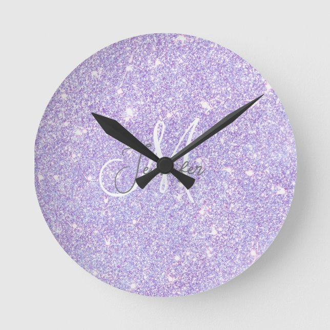 Reloj Redondo Mediano Girly Lavender Purple Purpurina Rubor Monograma no (Anverso)