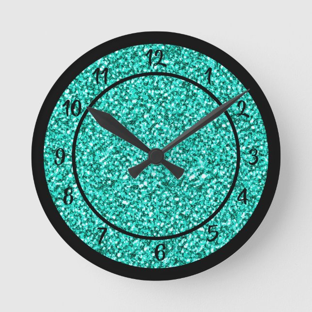 Reloj Redondo Mediano Glam Turquoise Blue Purpurina Sparkle (Anverso)