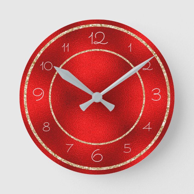 Reloj Redondo Mediano Glamoroso Purpurina de oro sobre rojo brillante (Anverso)