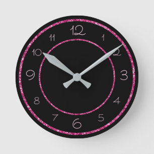 Reloj Redondo Mediano Glamoroso y femenino brillo rosa sobre negro