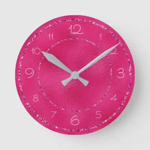 Reloj Redondo Mediano Glamuroso y femenino brillo rosa en hoja brillante