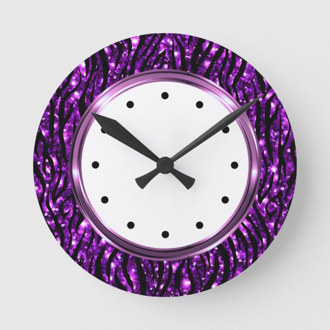 Reloj Redondo Mediano Glitzy Purple Zebra Animal (Anverso)