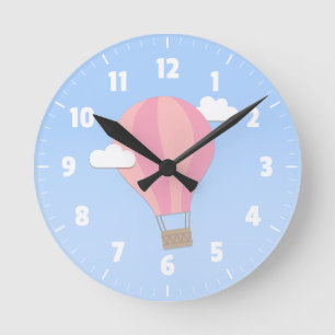 Reloj Redondo Mediano Globo aerostático rosa caliente, aventura entre la