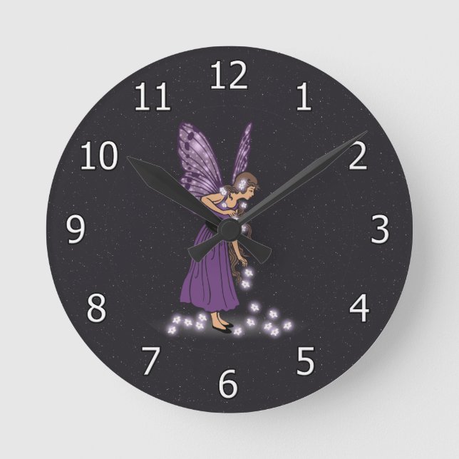 Reloj Redondo Mediano Glowing Star Flowers Pretty Purple Fairy Girl (Anverso)