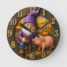 Reloj Redondo Mediano Gnome Feeding Pig in Autumn Farm Scene