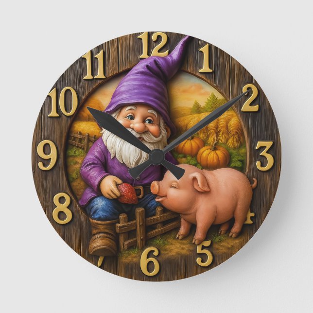 Reloj Redondo Mediano Gnome Feeding Pig in Autumn Farm Scene (Anverso)