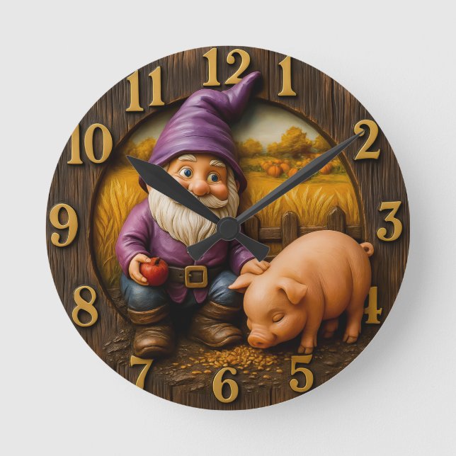 Reloj Redondo Mediano Gnome Feeding Pig in Autumn Farm Scene (Anverso)