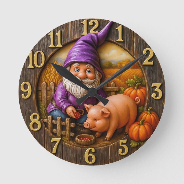 Reloj Redondo Mediano Gnome Feeding Pig in Autumn Farm Scene Clock (Anverso)