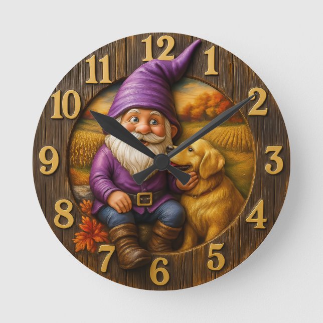Reloj Redondo Mediano Gnomo acogedor y perro otoño  (Anverso)