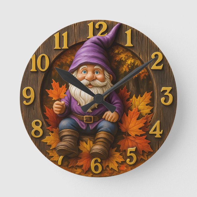 Reloj Redondo Mediano Gnomo de otoño con hojas de arce rústico (Anverso)