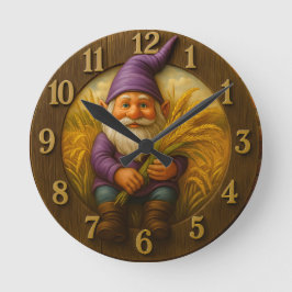 Reloj Redondo Mediano Gnomo rústico cosecha con acentos de trigo dorado