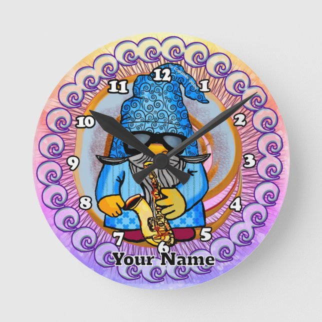 Reloj Redondo Mediano gnomo tocando el saxofón (Anverso)