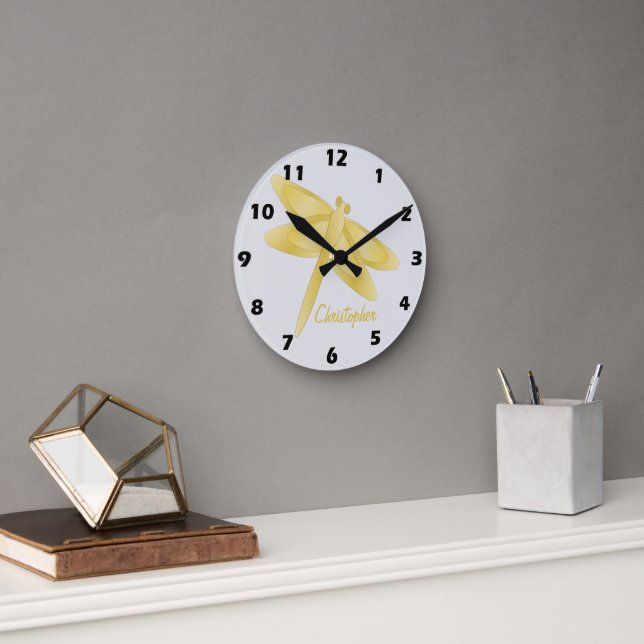 Reloj Redondo Mediano Gold Dragonfly Design Personalised (Oficina)