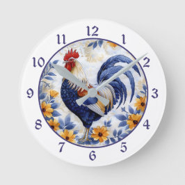 Reloj Redondo Mediano Gold Floral Blue Rooster Farmhouse
