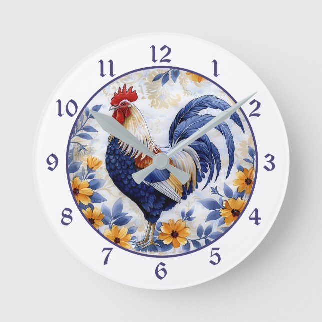 Reloj Redondo Mediano Gold Floral Blue Rooster Farmhouse (Anverso)