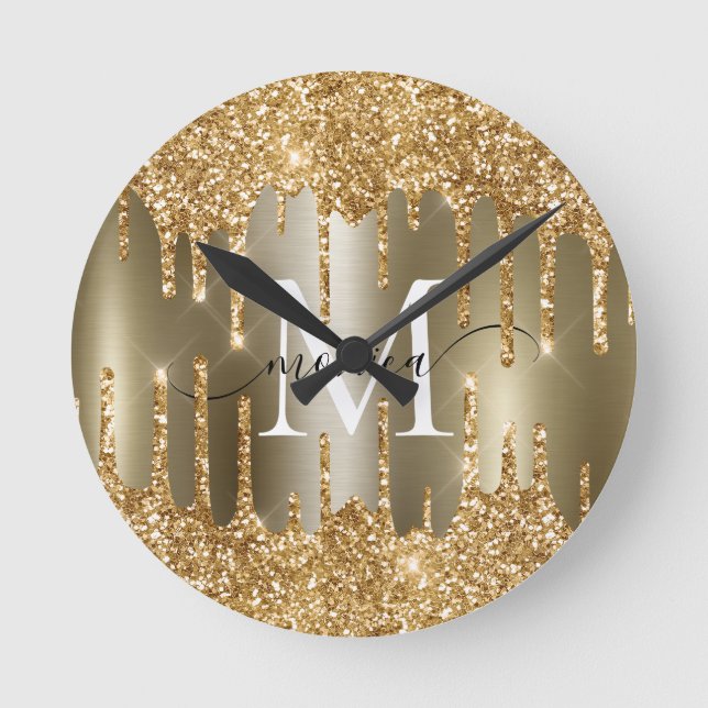 Reloj Redondo Mediano Gold Glitter Drips Monogram Personalized Wall (Anverso)