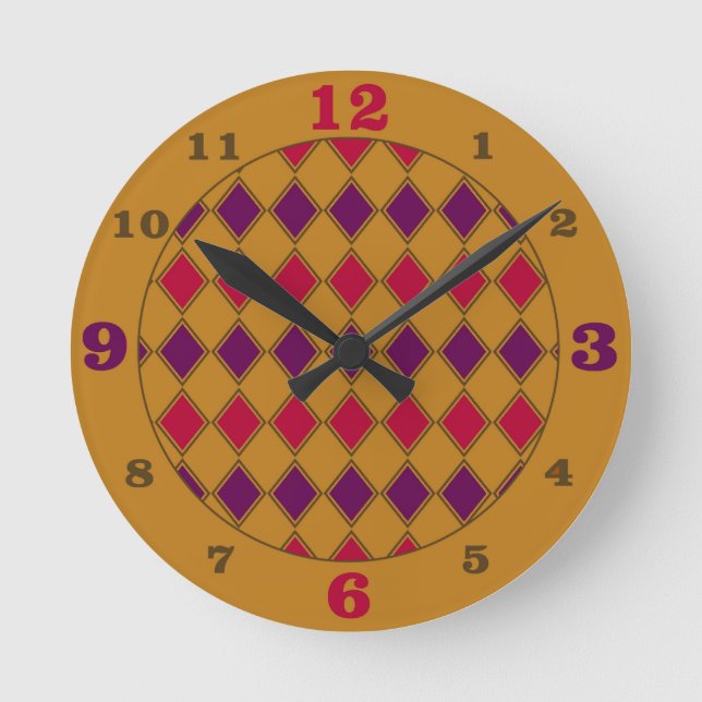 Reloj Redondo Mediano Gold Purple & Coral Harlequin Pattern (Anverso)