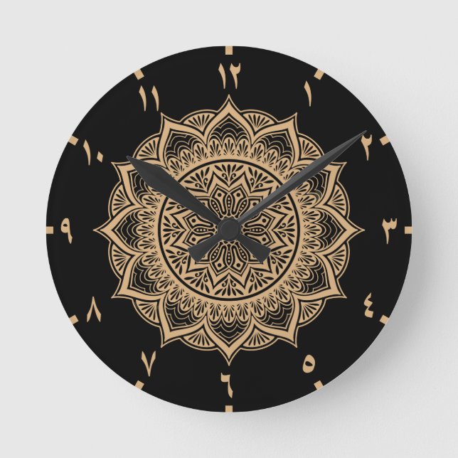 Reloj Redondo Mediano Golden Arabic Numbers Mandala (Anverso)